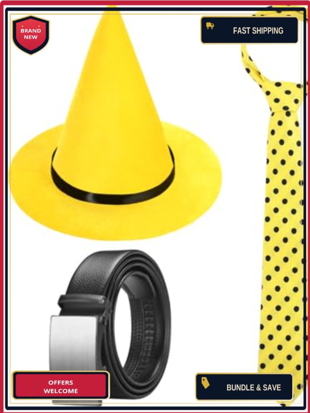 Men's Halloween Costume Accessory Set Hat Polka Dot Tie and Belt